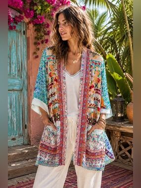 Johnny Was Silk Embroidered Patchwork Kimono Jacket Boho Floral